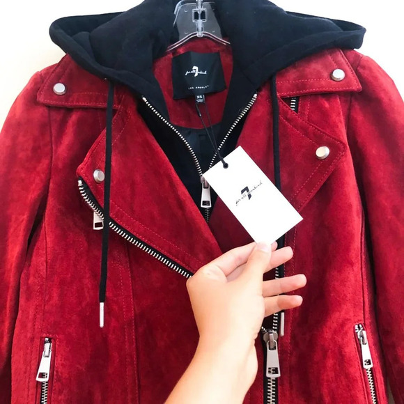 7 For All Mankind Red Leather Bold Western Detachable Hooded Moto Zip Jacket NWT - Picture 5 of 11